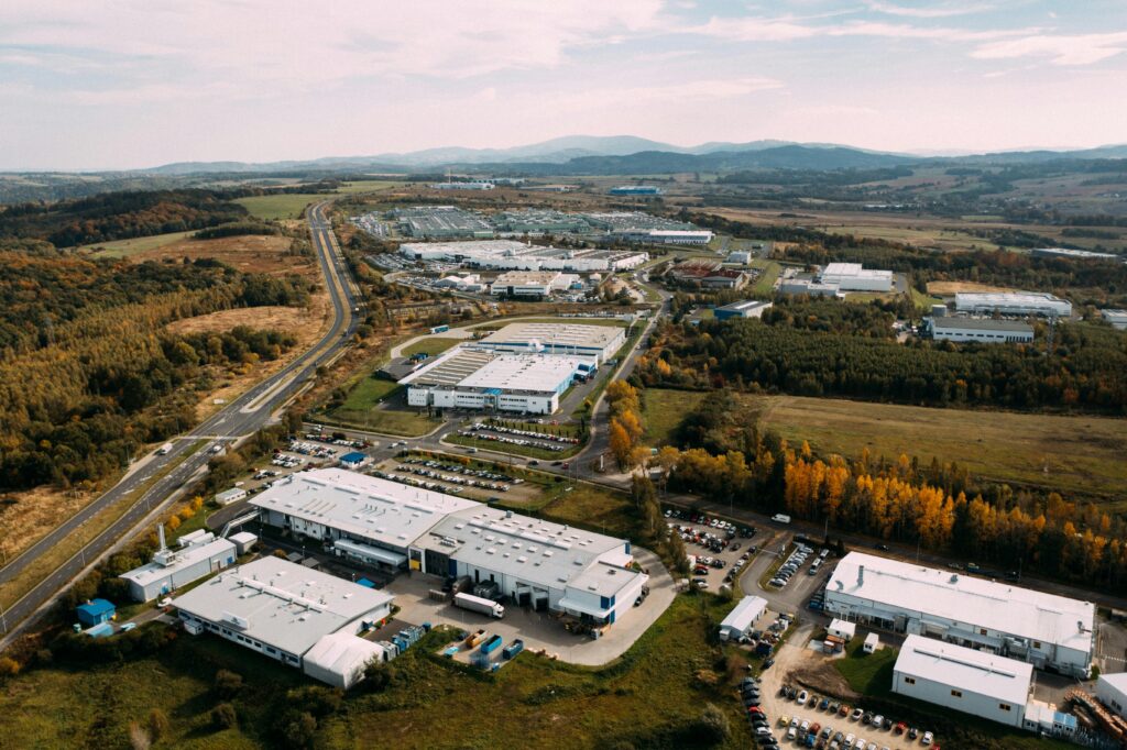 Aerial view of the distribution center, drone photography of the industrial logistic zone.